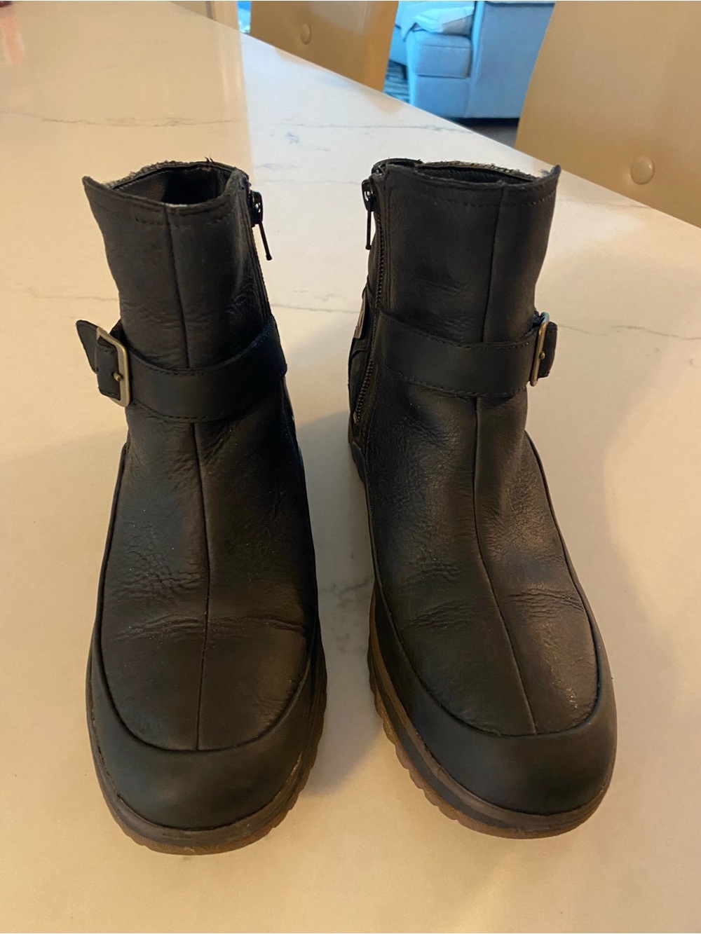 Merrell Eventyr W7 Black & Brown Leather Moto Zip Buckle Ankle Boots Knit Detail
